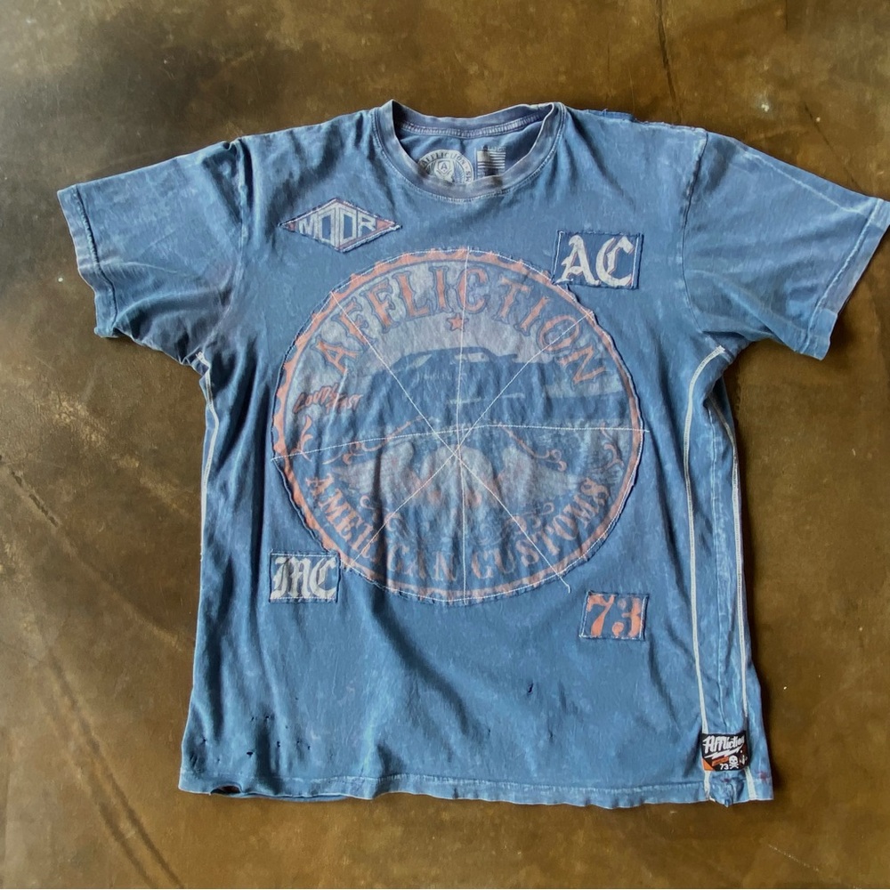 VTG Y2K Affliction AC/MC American Customs Faded Blue Distressed T-Shirt